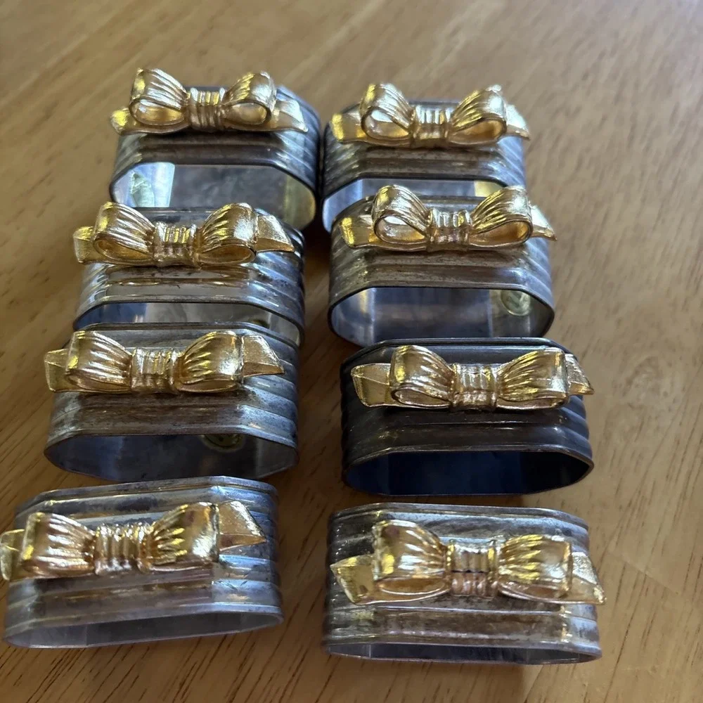 Vintage Lot of (8) Metal Napkin Rings w/ Brass Bows